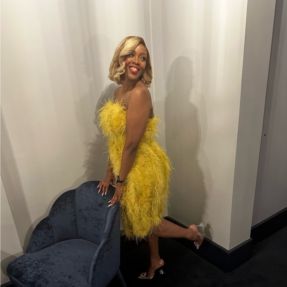 Fashion Nova- Lorina Feather Dress - Chartreuse.
